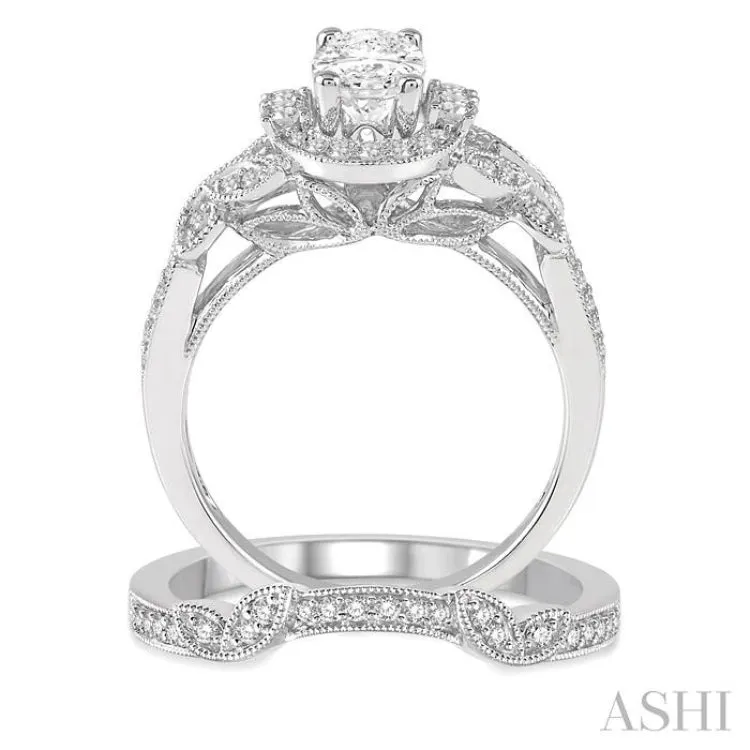 1 1/4 Ctw Diamond Wedding Set with 1 1/6 Ctw Oval Cut Engagement Ring and 1/10 Ctw Wedding Band in 14K White Gold