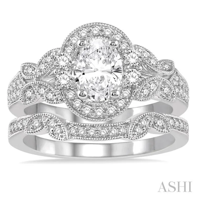 1 1/4 Ctw Diamond Wedding Set with 1 1/6 Ctw Oval Cut Engagement Ring and 1/10 Ctw Wedding Band in 14K White Gold