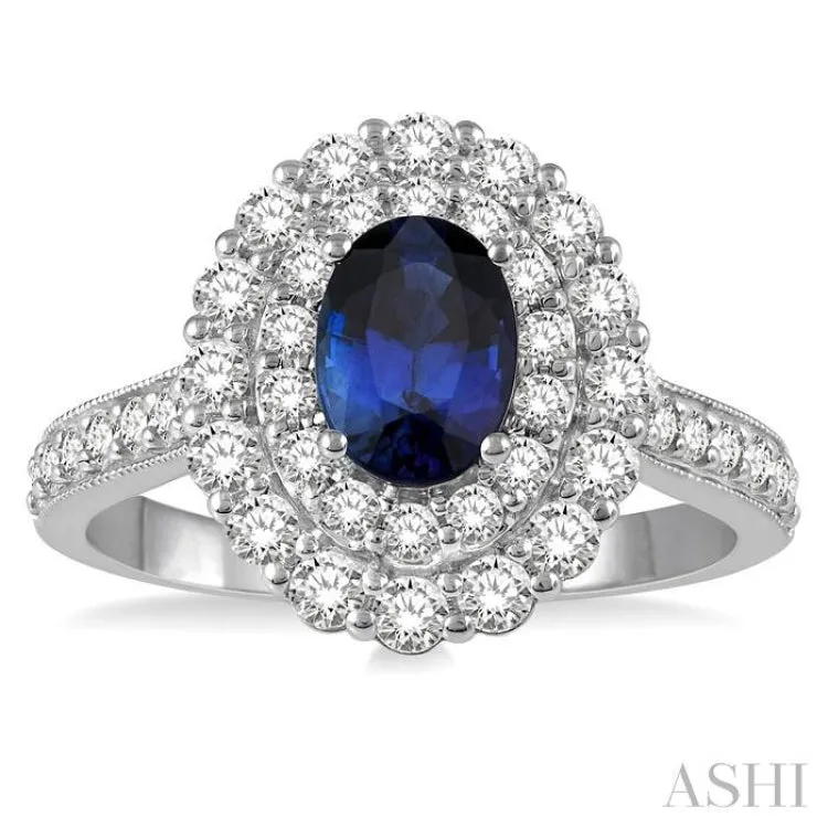 1 ctw Oval Shape 7x5MM Sapphire and Round Cut Diamond Halo Precious Ring in 14K White Gold