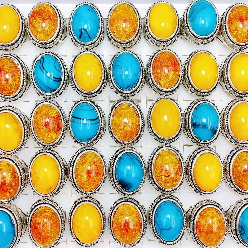 10/20Pcs/Lot Vintage Bohemian Large Stone Rings for Men and Women Ethnic Style Yellow Blue Imitation Charm Jewelry Party Gift