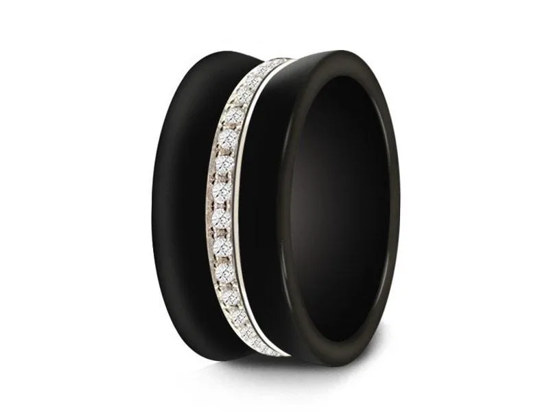 10mm Black Ceramic Wedding Band With Silver Eternity CZ