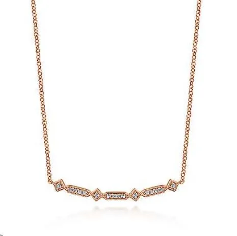 14K Rose Gold Curved Geometric Diamond Bar Necklace