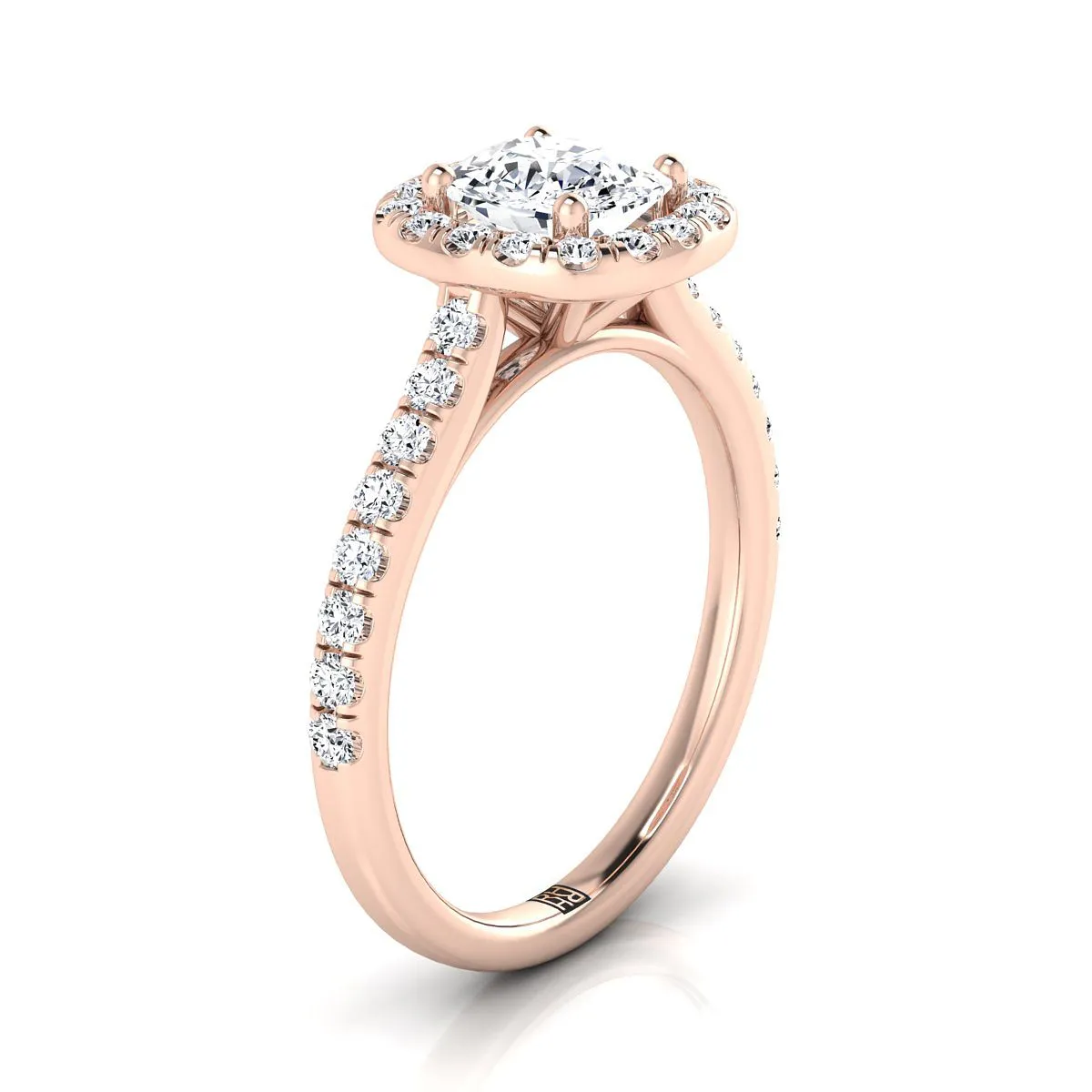 14K Rose Gold Cushion Diamond Classic Pave Halo Cathedral Style Engagement Ring -1/2ctw