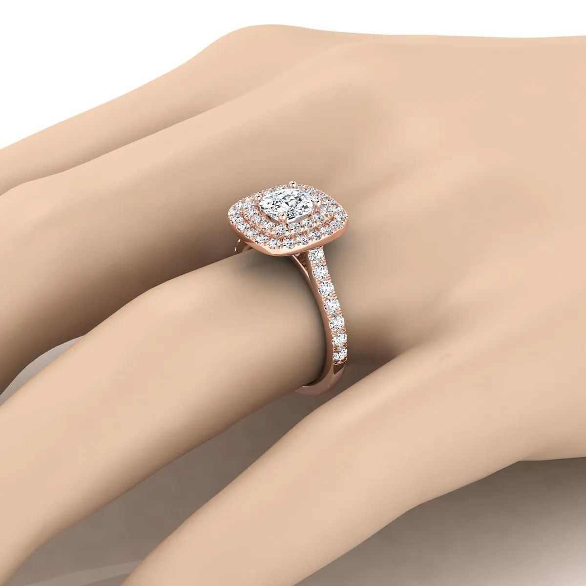 14K Rose Gold Cushion Double Pave Halo with Linear Diamond Engagement Ring -3/4ctw