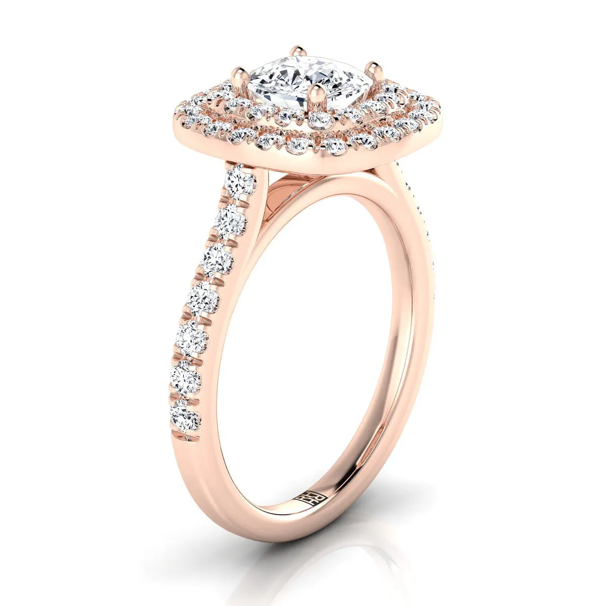 14K Rose Gold Cushion Double Pave Halo with Linear Diamond Engagement Ring -3/4ctw