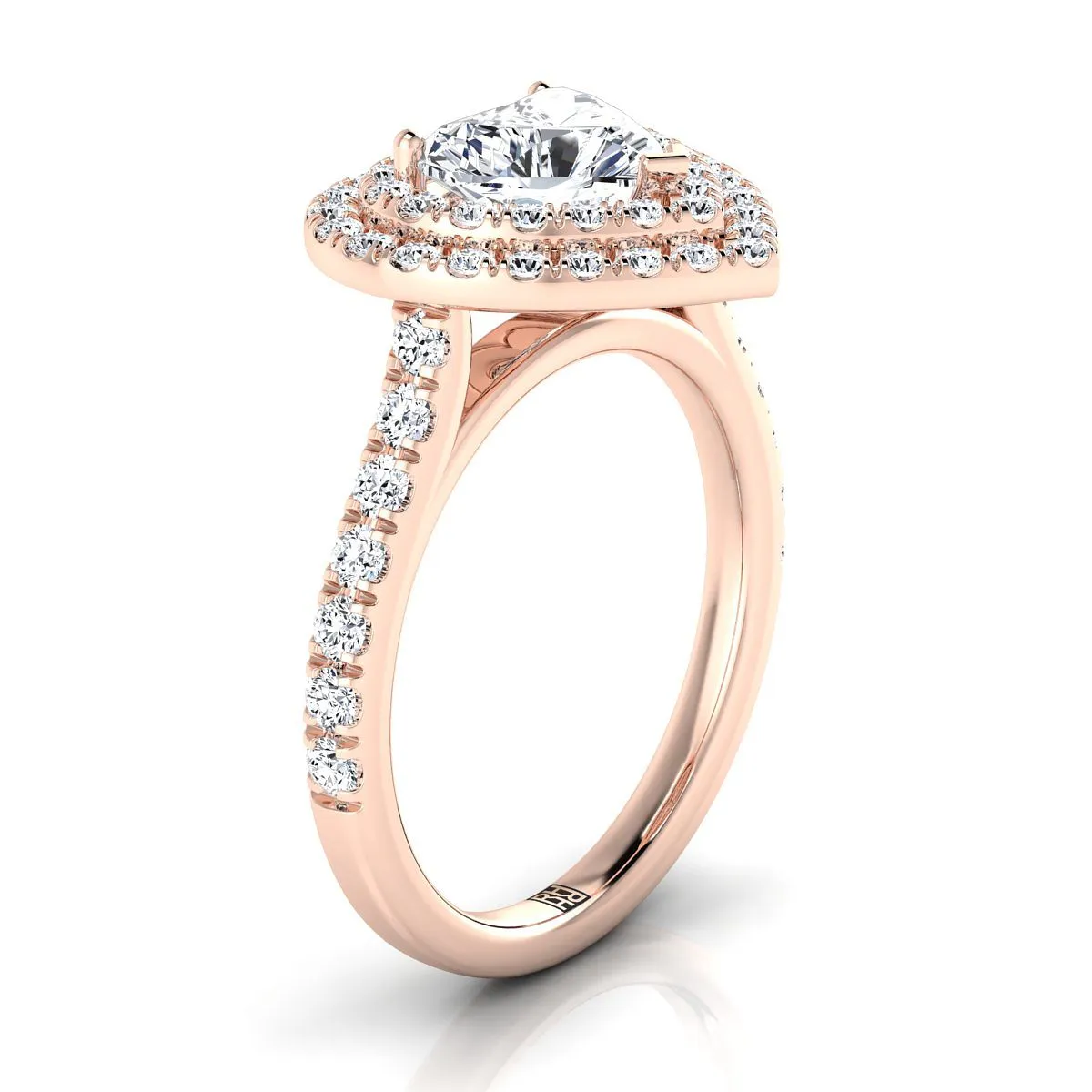 14K Rose Gold Heart Shape Center Double Pave Halo with Linear Diamond Engagement Ring -7/8ctw