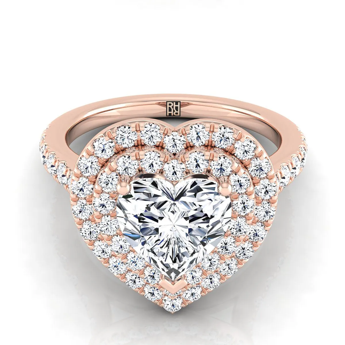 14K Rose Gold Heart Shape Center Double Pave Halo with Linear Diamond Engagement Ring -7/8ctw