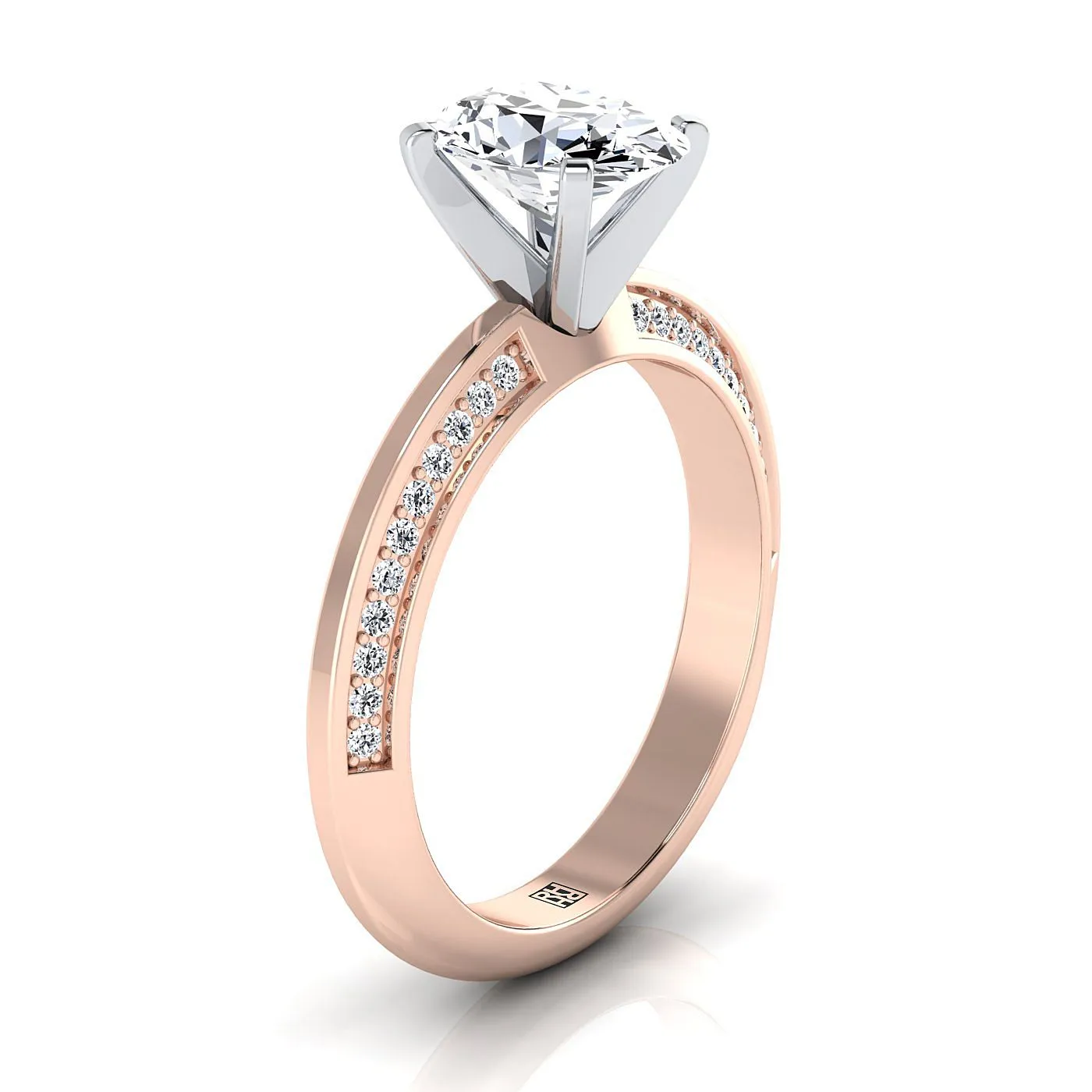 14K Rose Gold Oval Diamond Knife Edge Micropave Engagement Ring -1/5ctw