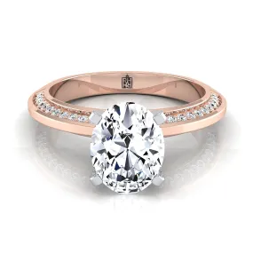 14K Rose Gold Oval Diamond Knife Edge Micropave Engagement Ring -1/5ctw
