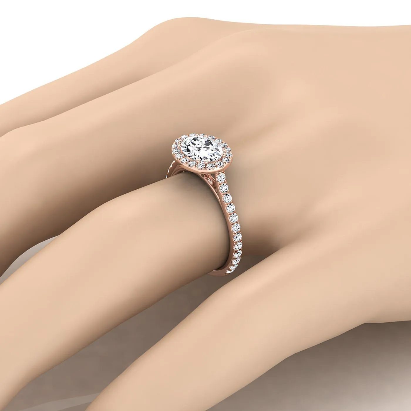 14K Rose Gold Oval Emerald Horizontal Fancy East West Diamond Halo Engagement Ring -1/2ctw