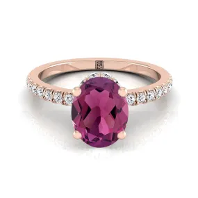 14K Rose Gold Oval Garnet Secret Diamond Halo French Pave Solitaire Engagement Ring -1/3ctw