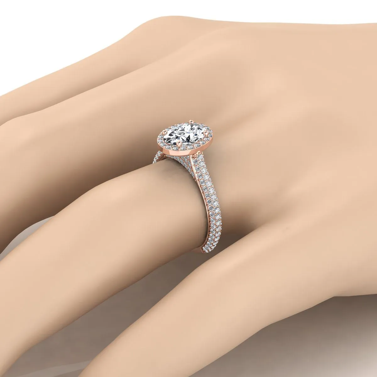 14K Rose Gold Oval Morganite Micro-Pavé Halo With Pave Side Diamond Engagement Ring -7/8ctw