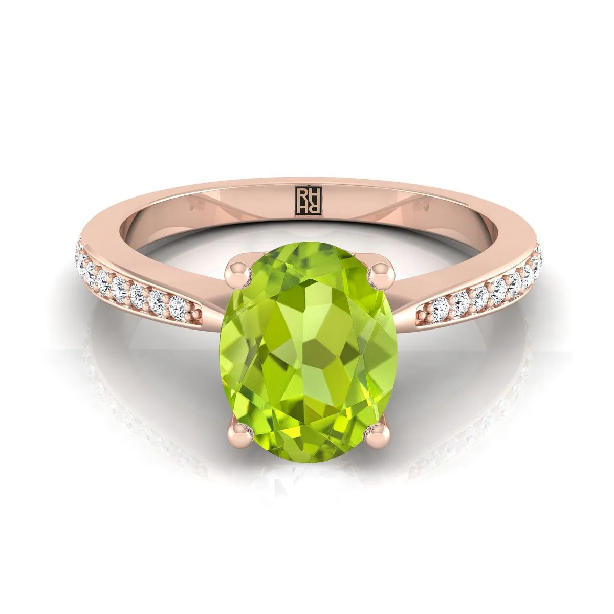 14K Rose Gold Oval Peridot Tapered Pave Diamond Engagement Ring -1/8ctw