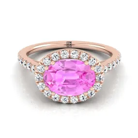 14K Rose Gold Oval Pink Sapphire Horizontal Fancy East West Diamond Halo Engagement Ring -1/2ctw