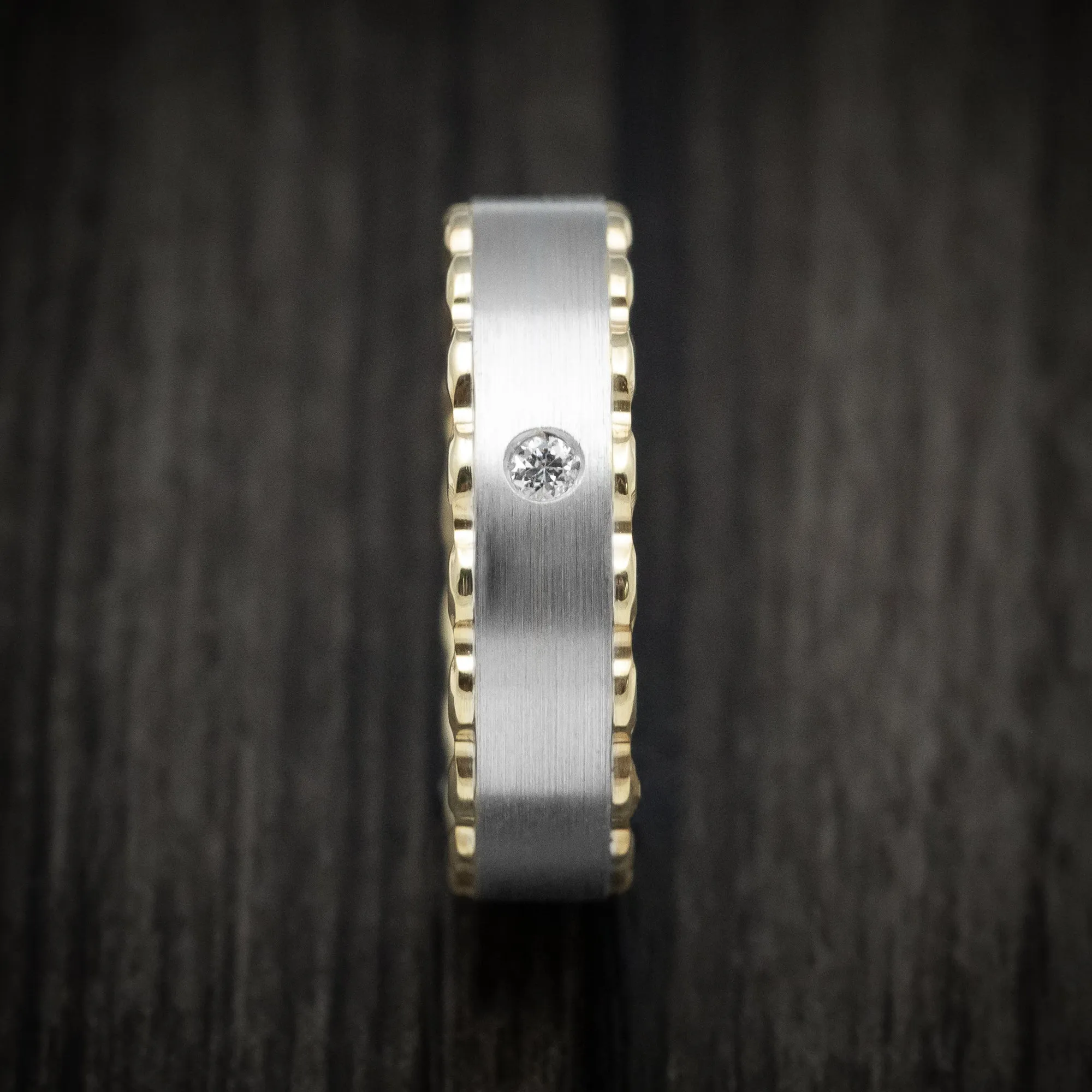 14K Two-Tone White and Yellow Gold Men's Ring with Diamond Custom Wedding Band