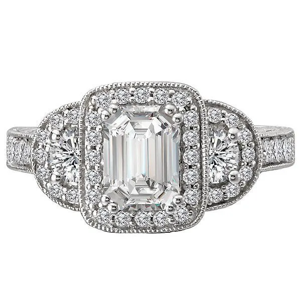 14KT Gold 1/2 CTW Diamond 3 Stone Emerald Halo Setting For 1 CT emerald