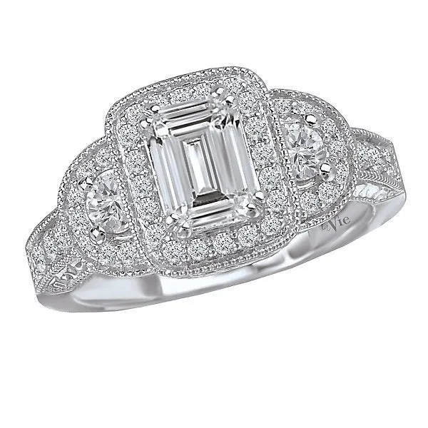 14KT Gold 1/2 CTW Diamond 3 Stone Emerald Halo Setting For 1 CT emerald