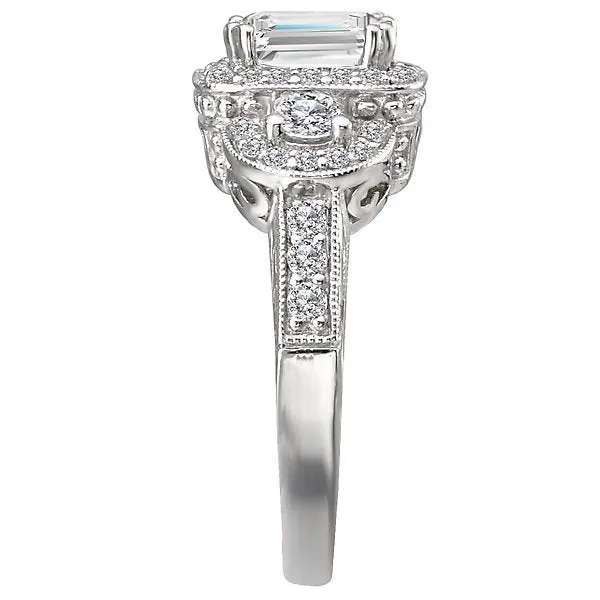 14KT Gold 1/2 CTW Diamond 3 Stone Emerald Halo Setting For 1 CT emerald