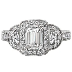 14KT Gold 1/2 CTW Diamond 3 Stone Emerald Halo Setting For 1 CT emerald