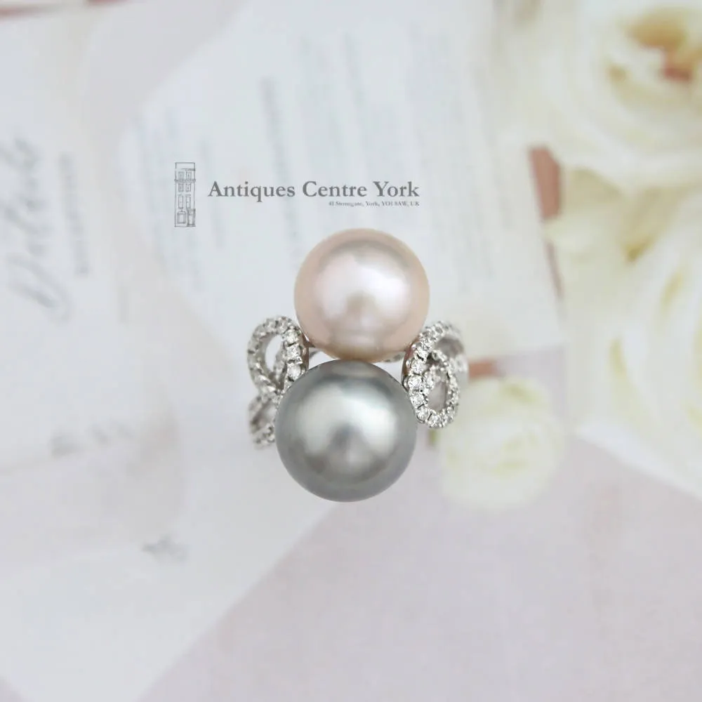 18ct White Gold Coloured Pearl & Diamond Ring
