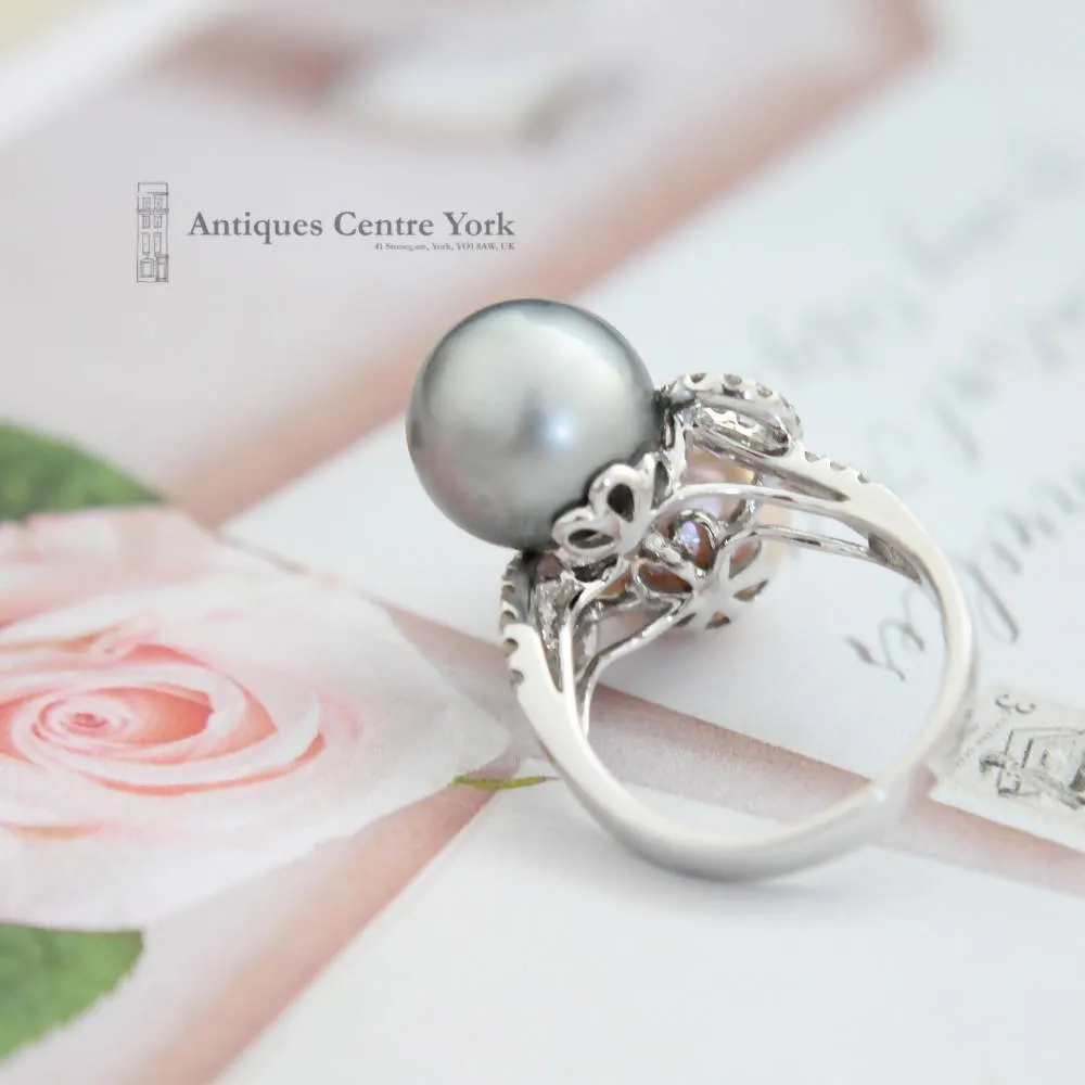 18ct White Gold Coloured Pearl & Diamond Ring