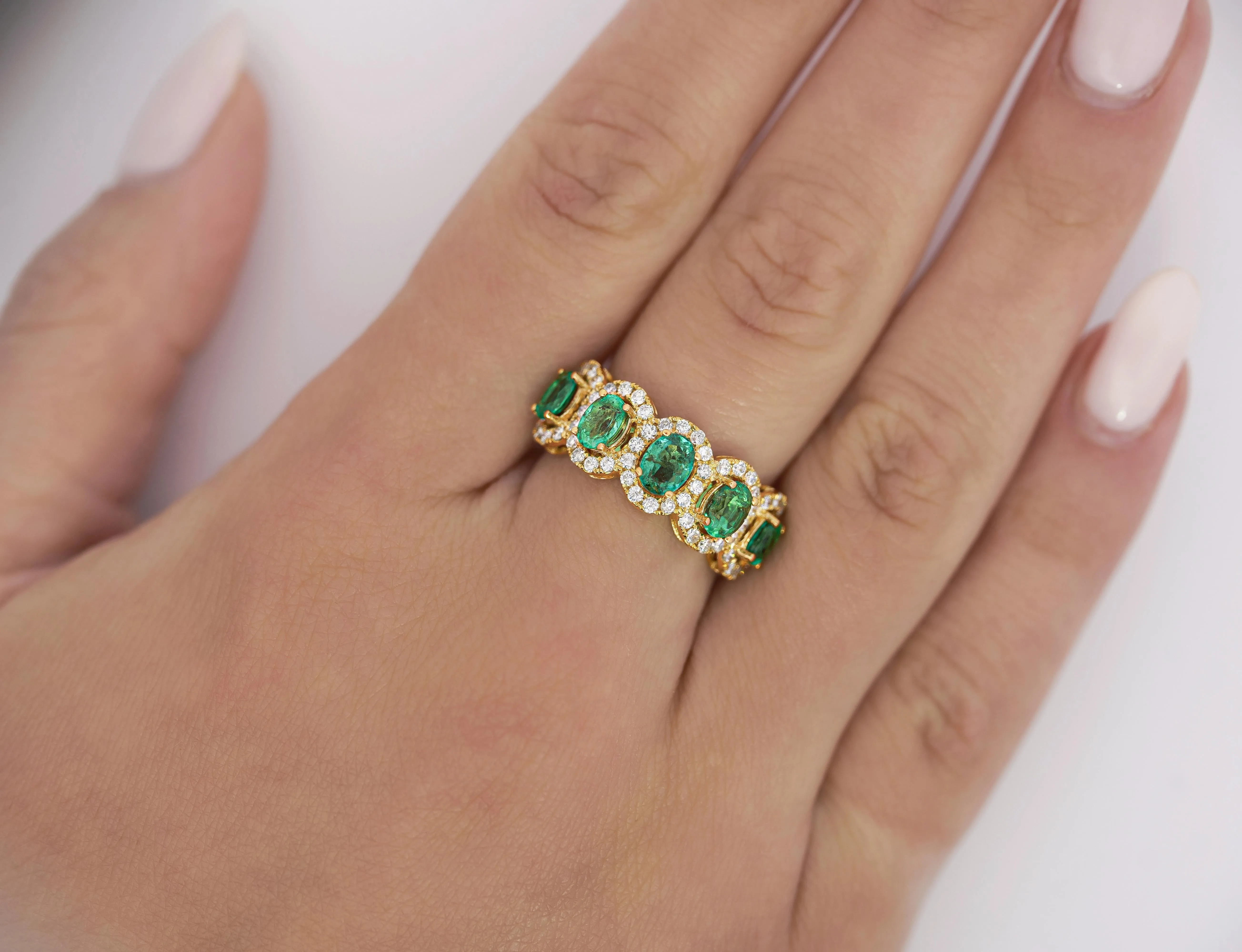 2.11 Carat Oval Cut Emerald and Diamond Wedding Band in 18K Gold