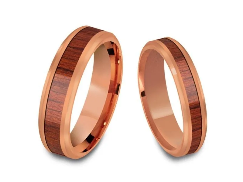 4MM/6MM HAWAIIAN KOA WOOD Tungsten Wedding Band Set BEVELED EDGES AND ROSE GOLD INTERIOR