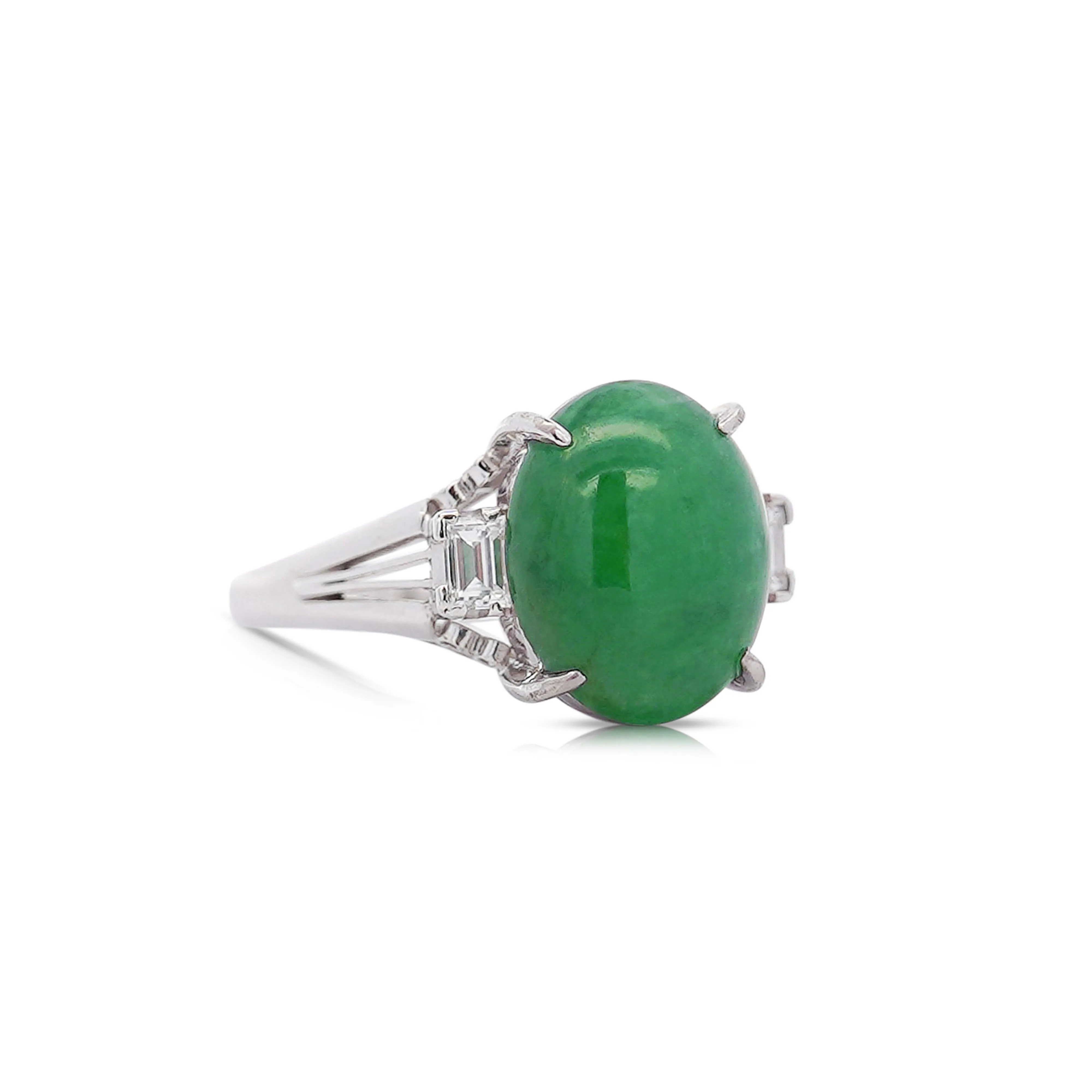 5.87 Carat Grade A Jadeite Jade & Diamond Platinum 3 Stone Ring