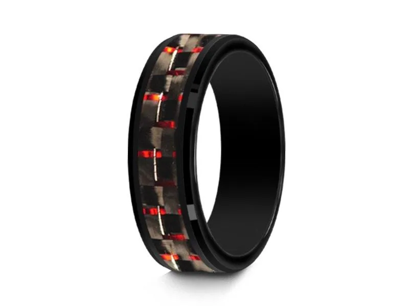 6MM BLACK CERAMIC WEDDING BAND BEVELED AND RED CARBON FIBER INLAY