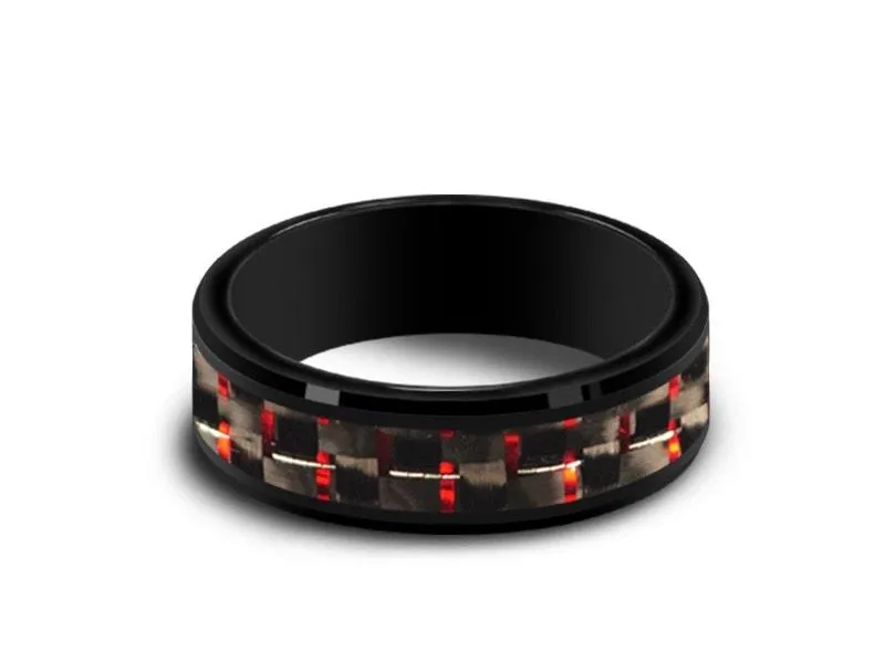 6MM BLACK CERAMIC WEDDING BAND BEVELED AND RED CARBON FIBER INLAY