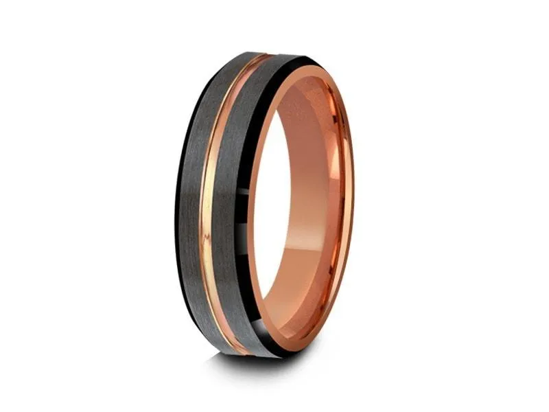 6MM BRUSHED GRAY Tungsten Wedding Band BLACK EDGES AND ROSE GOLD INTERIOR