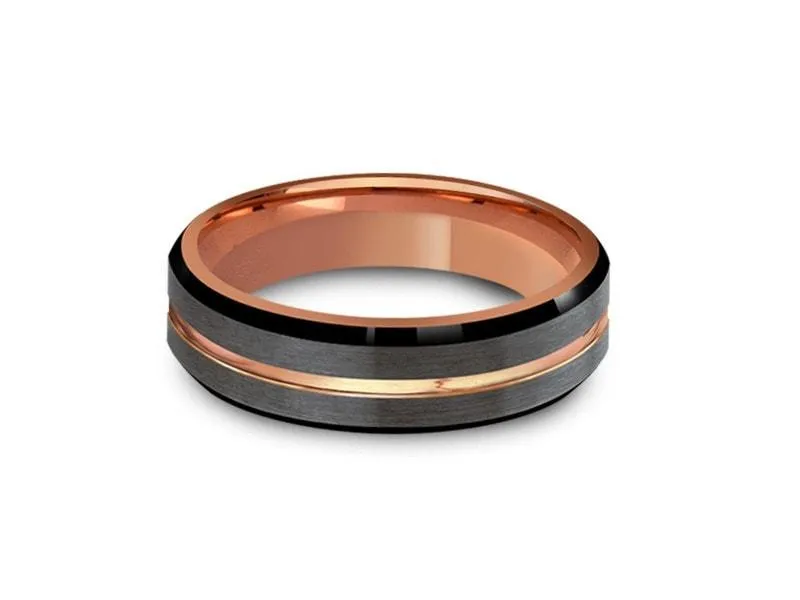 6MM BRUSHED GRAY Tungsten Wedding Band BLACK EDGES AND ROSE GOLD INTERIOR