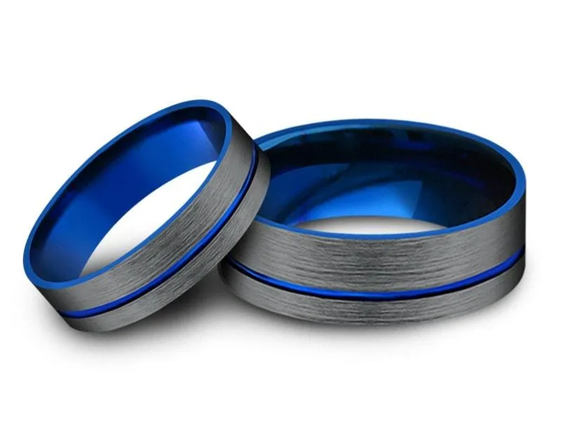 6MM/8MM BRUSHED GRAY GUNMETAL Tungsten Wedding Band Set FLAT AND BLUE INTERIOR