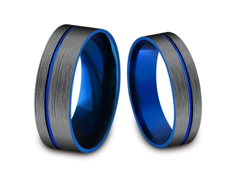 6MM/8MM BRUSHED GRAY GUNMETAL Tungsten Wedding Band Set FLAT AND BLUE INTERIOR