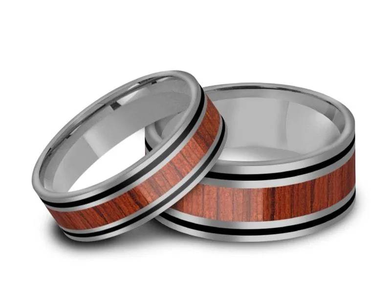 6MM/8MM HAWAIIAN KOA WOOD Tungsten Wedding Band Set FLAT AND GRAY INTERIOR