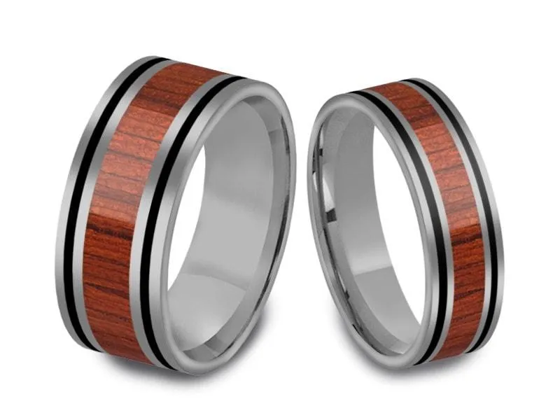 6MM/8MM HAWAIIAN KOA WOOD Tungsten Wedding Band Set FLAT AND GRAY INTERIOR