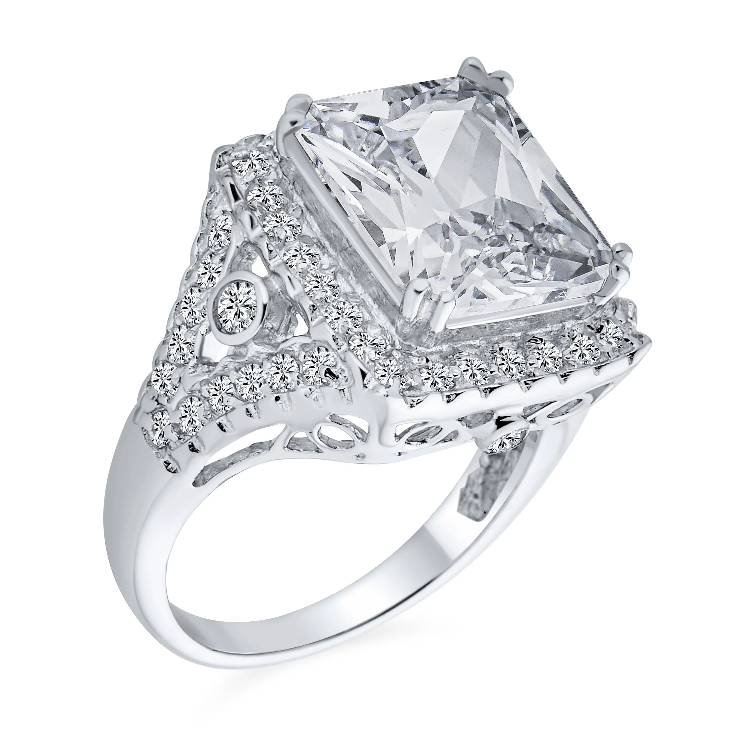 .925 Sterling Silver 7CT AAA CZ Emerald Cut Engagement Ring Baguette