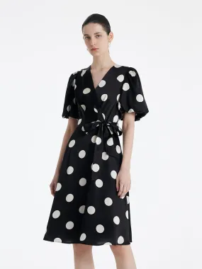 Acetate Polka Dots Printed Women Mini Dress With Belt