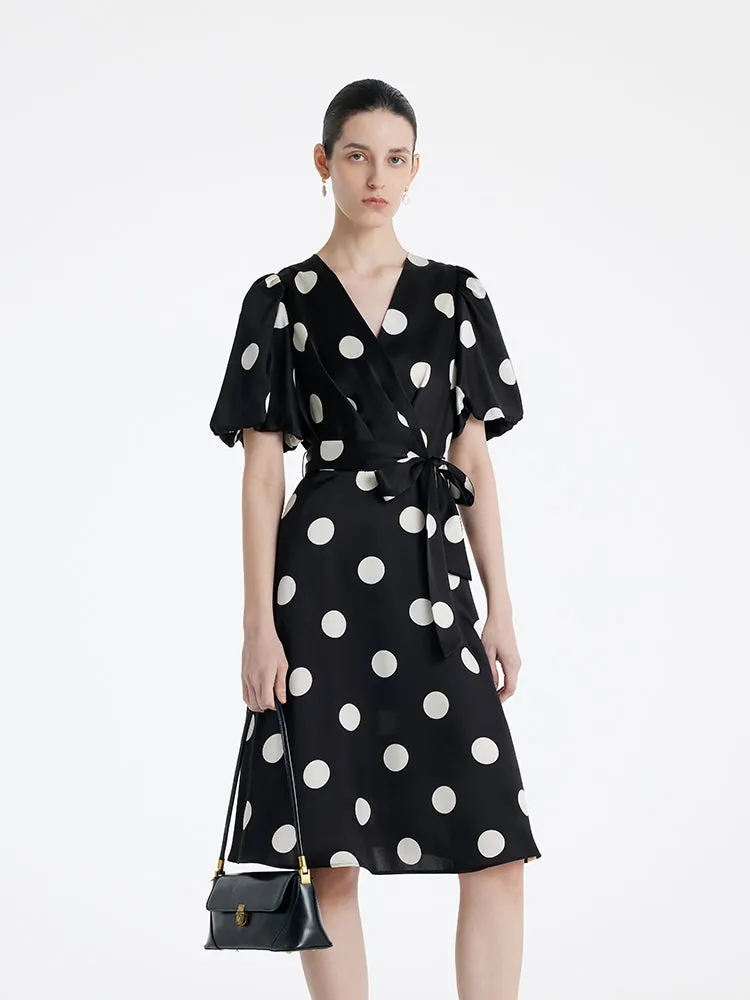 Acetate Polka Dots Printed Women Mini Dress With Belt