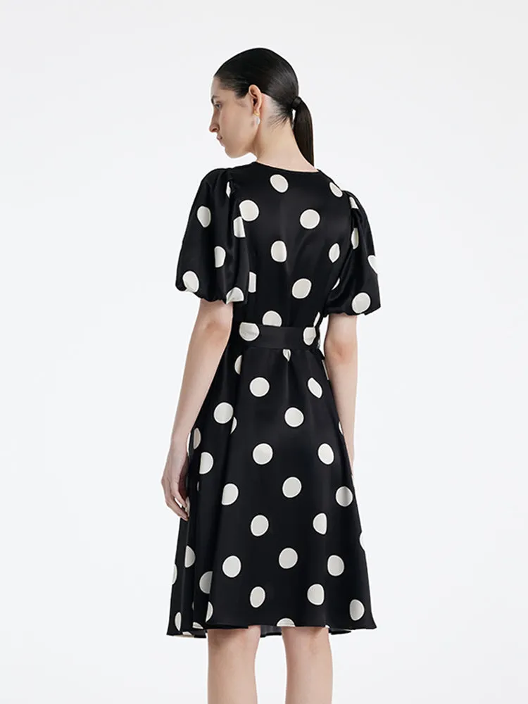 Acetate Polka Dots Printed Women Mini Dress With Belt