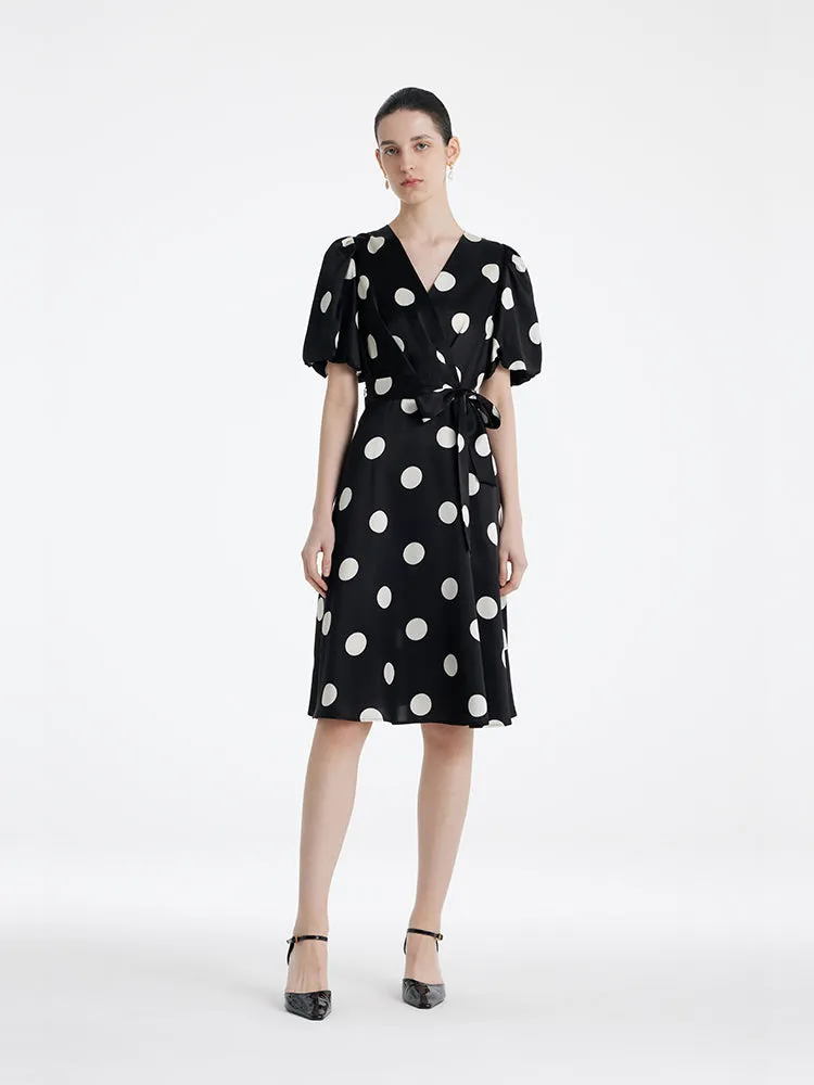 Acetate Polka Dots Printed Women Mini Dress With Belt