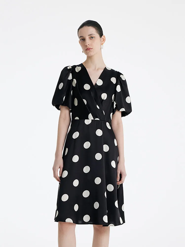 Acetate Polka Dots Printed Women Mini Dress With Belt