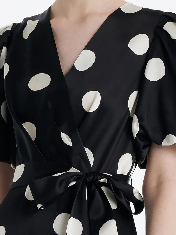 Acetate Polka Dots Printed Women Mini Dress With Belt