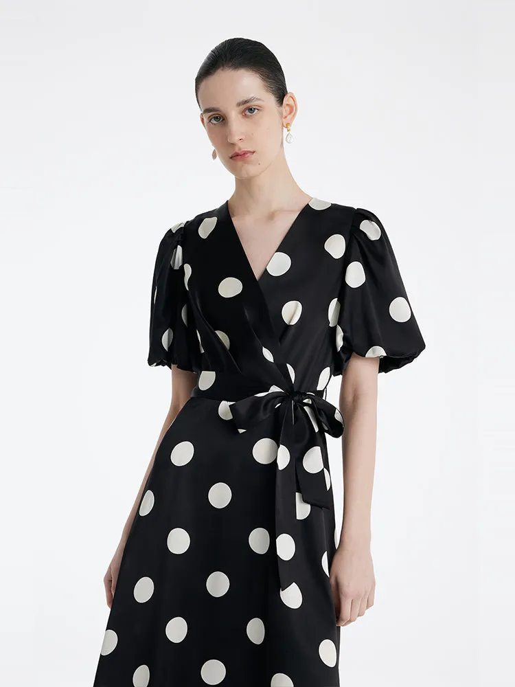 Acetate Polka Dots Printed Women Mini Dress With Belt