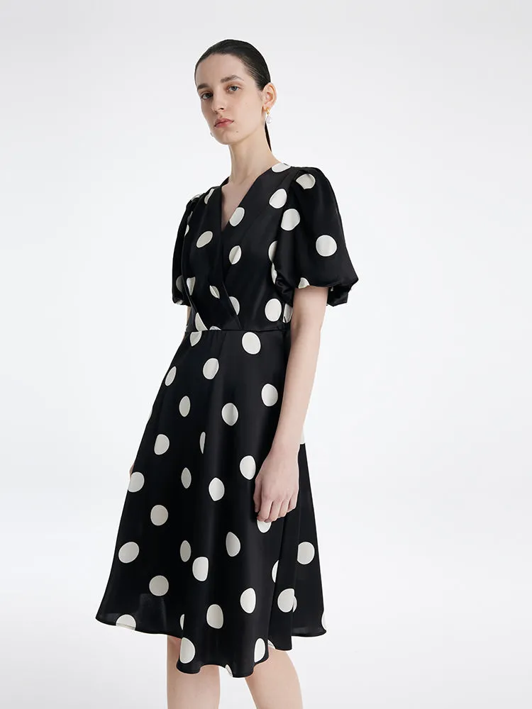 Acetate Polka Dots Printed Women Mini Dress With Belt