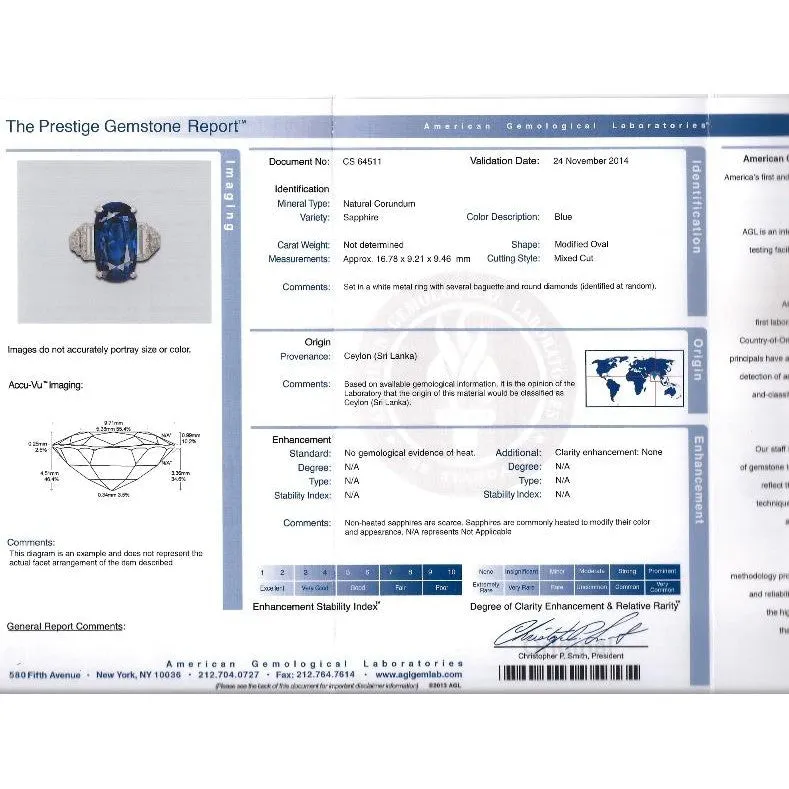 AGL Certified 13.81 Carat Ceylon No Heat Blue Sapphire Platinum Vintage Ring