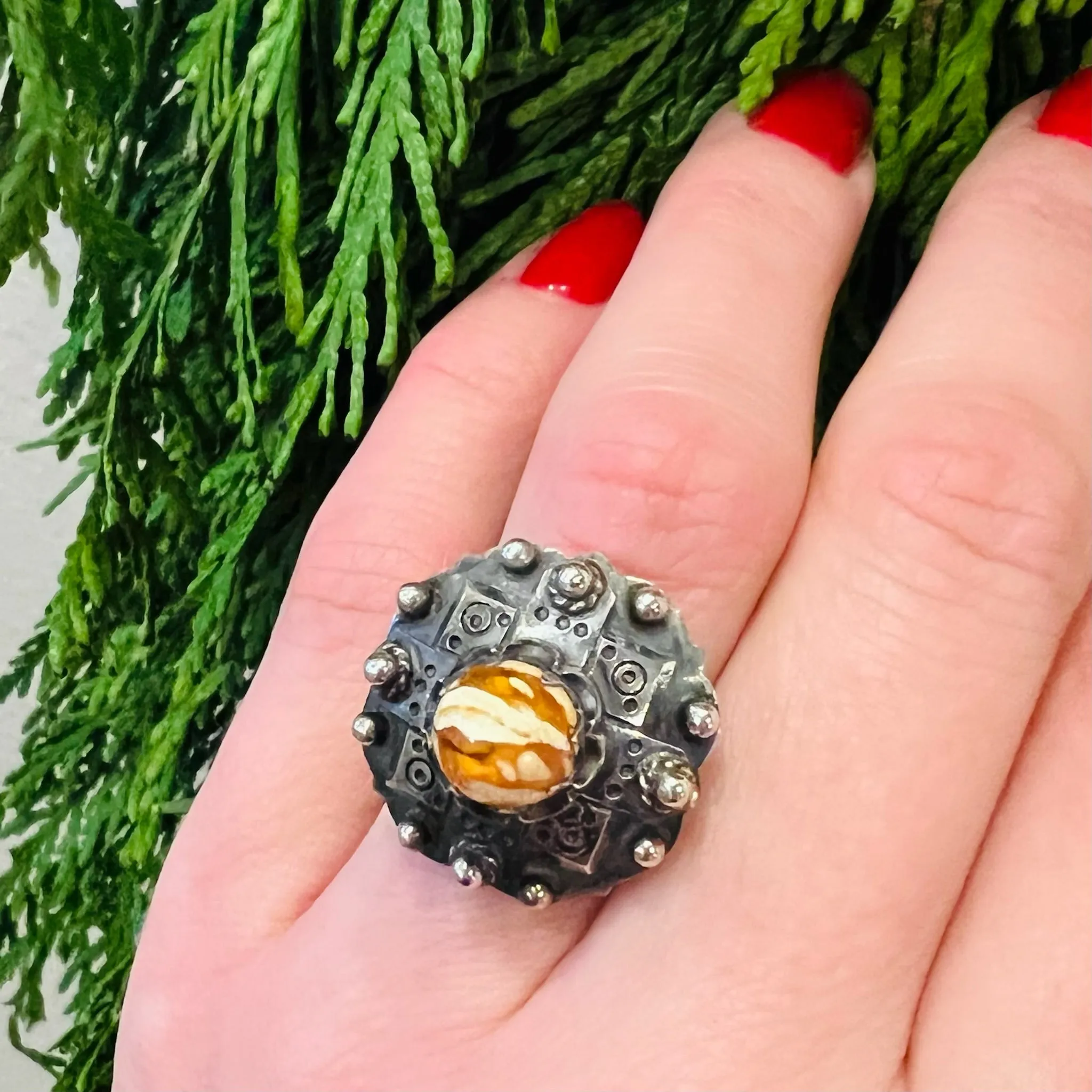 Amber & Ornate Silver Mystery Ring