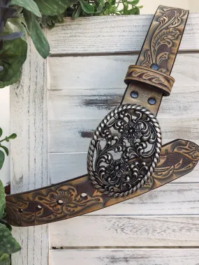 Ariat Embellished Oval Buckle Leather Belt in Tan