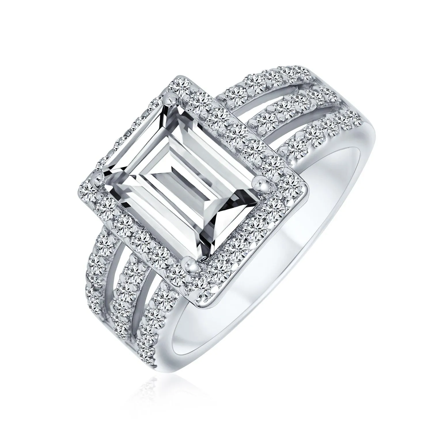 Art Deco 3CT AAA CZ Emerald Cut Halo Engagement Ring Sterling Silver