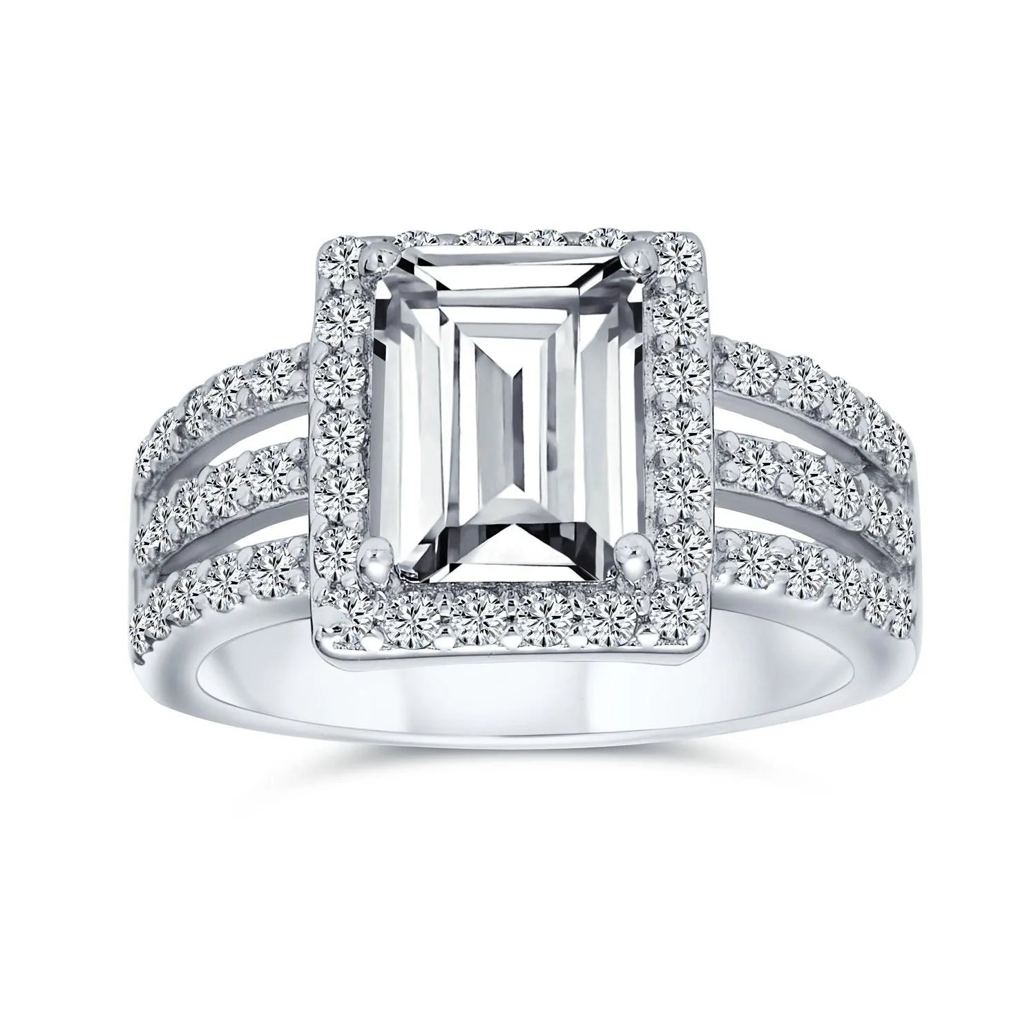 Art Deco 3CT AAA CZ Emerald Cut Halo Engagement Ring Sterling Silver